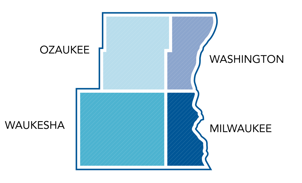 Map of Ozaukee, Washington, Waukesha and Milwaukee counties